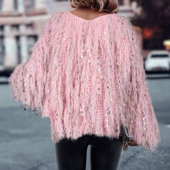 Pink Casual Women's V-Neck Fringe Sequin Knit Sweater - Picture 6 of 6
